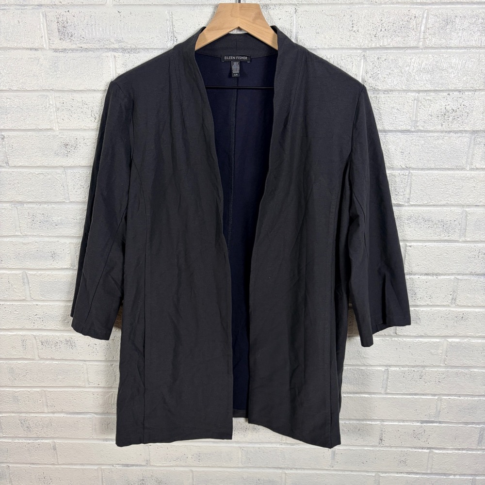 Eileen Fisher Open Front Cardigan Jacket Womens L Gray Stretch Knit Minimalist